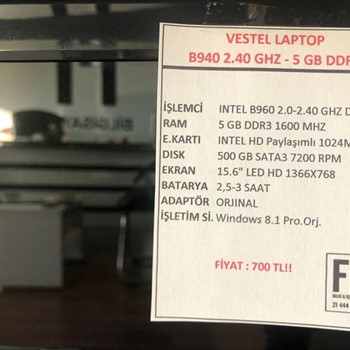 VESTEL B940 5 GB DDR3 LAPTOP